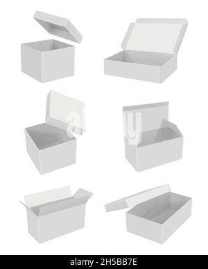 Opening blank boxes. Realistic mockup white cardboard gift packages decent vector 3d set Stock Vector