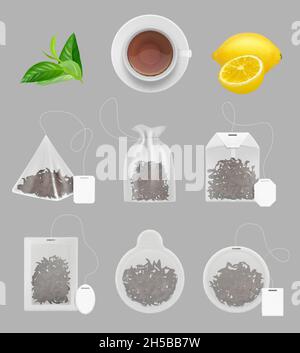 Tea bags collection. Realistic templates of green and black transparent tea bags various geometric shapes with paper tags labels decent vector set Stock Vector