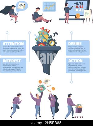 Sales funnel infographic. Marketing processes business costumers conversation of sell garish vector template Stock Vector