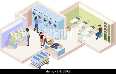 Industry laundry room. Isometric interior of cleaning service laundry house dry tools garish vector collection Stock Vector