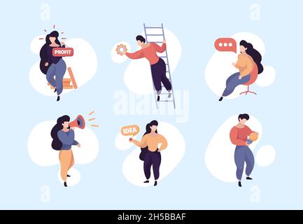 Business project. Characters managers startup success investors presentation marketing garish vector flat illustrations Stock Vector