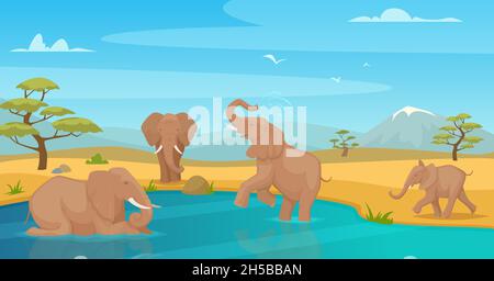 Elephant drink water. Savanna wild animals walking in kenya safari travel exact vector cartoon background Stock Vector