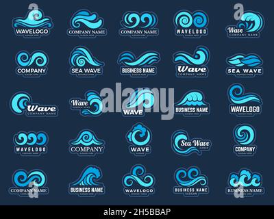 Wave logo. Stylized extreme round shapes water splashes wave flow recent vector set Stock Vector