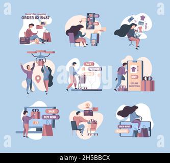 E commerce characters. Software digital customers online store smartphone payment garish vector concept illustrations Stock Vector