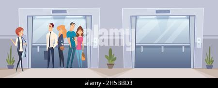 Business people in elevator. Open and closed elevators in office building. Colleagues greetings, happy managers go to work vector illustration Stock Vector