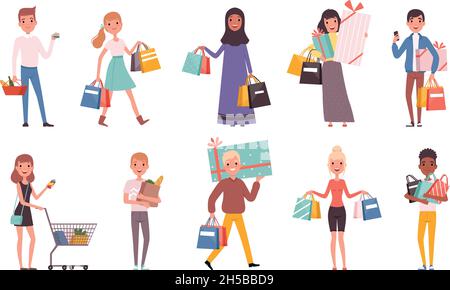Buyers. Retail supermarket buyers with shopping bags shopaholic persons nowaday vector characters Stock Vector