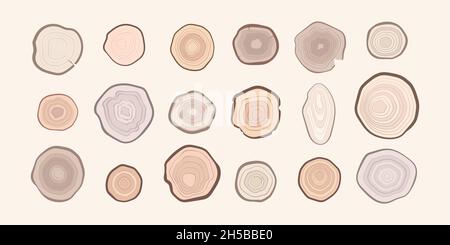 Wooden rings collection. Tree stylized rings natural textural surfaces on round lumbers garish vector abstract flat illustrations Stock Vector