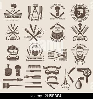 Barber shop badges. Scissors combs brush blade hair dryer recent vector logos for barber shops Stock Vector