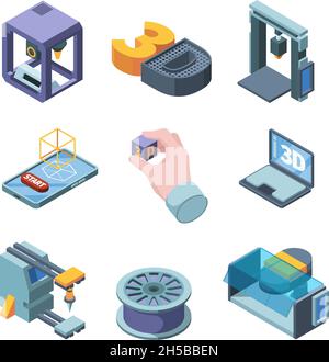 3d printing. Engineers planning buildings projects 3d modelling on smart printers garish vector isometric pictures set isolated Stock Vector