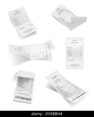Bills receipt. Print paper financial orders commercial billing items decent realistic vector collection Stock Vector