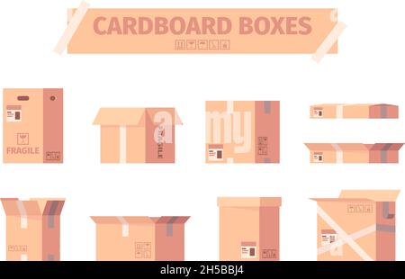 Cardboard boxes. Delivery packages shipping container symbols garish vector illustrations collection Stock Vector