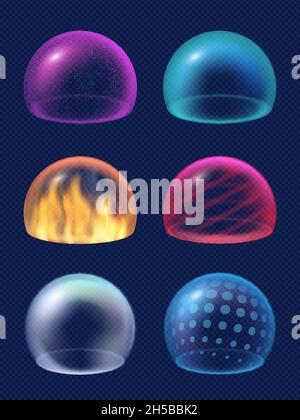 Sphere shield. Protective energy safety circles reflection geometrical transparent shapes decent vector realistic collection Stock Vector