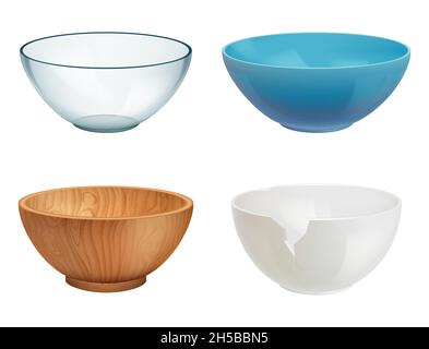 Bowl realistic. White ceramic wooden glass cooking dishes for food elegant transparent containers decent vector collection set Stock Vector