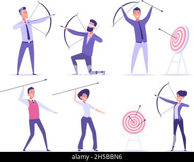 Business archer. Office manager shooting to goal target or aim professional with bow and arrows exact vector characters Stock Vector