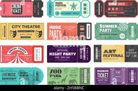 Entertainment tickets. Event cardboard labels cinema theatre kids playground music festival recent vector design tickets set isolated Stock Vector