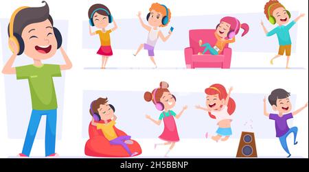 Kids music. Little happy children relaxing and listen sound in headphones exact vector teens Stock Vector