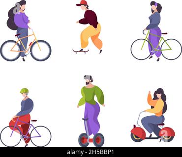 Riding people. Urban transport car scooter electric segway motorbike longboard skate garish vector flat characters riders isolated on white background Stock Vector