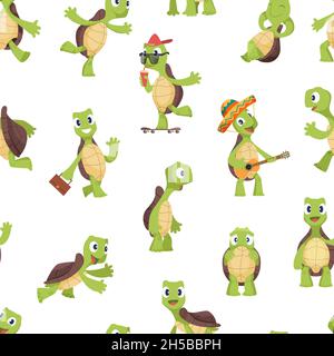 Turtles pattern. Funny kids cartoon turtle, happy cute animals vector seamless texture Stock Vector