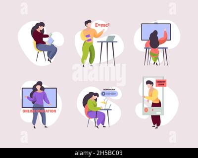 Online education. Remote e-learning students online tutorials on smartphones and laptop computers garish vector stylized illustrations Stock Vector