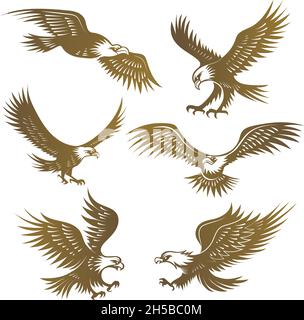 Eagles stylized. Flying wild freedom birds hawk recent vector emblems Stock Vector