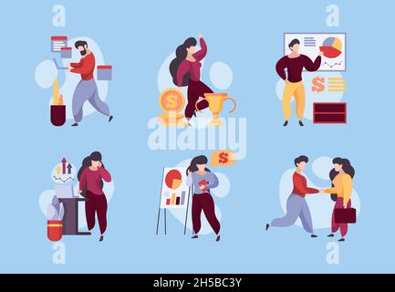 Office scenes. Managers and business characters at job working dialogue people communication garish vector stylized person Stock Vector