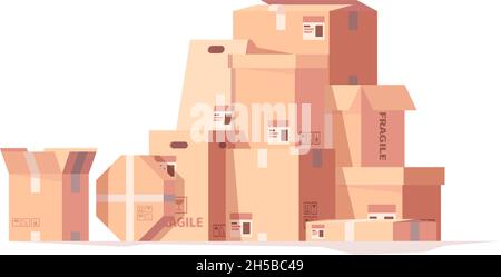 Packages stack. Delivery cardboard boxes cargo containers hills piles garish vector set Stock Vector