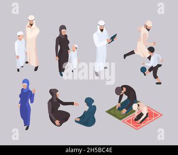 Arab family. Isometric east people in hijab traditional muslim clothes garish vector persons Stock Vector