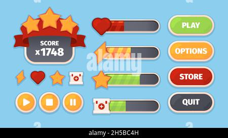 Game ui. Menu buttons for smartphone mobile games frames borders dividers stars launcher satellite garish vector templates Stock Vector