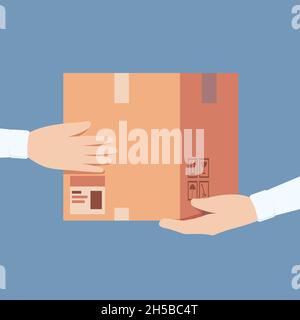 Box in hands. Shipping packages delivery containers in hand postal symbols garish vector concept Stock Vector