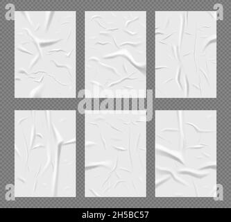 Ads realistic glue paper. Crumpled texture of water paper mockup wallpaper street poster for wall decent vector illustrations set Stock Vector