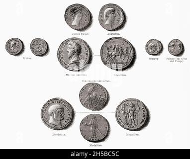 Coins of the Roman Republic and the Empire.  From Cassell's Illustrated Universal History, published 1883. Stock Photo