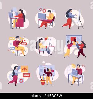 People coding. Busy web developers hackers programmers working garish vector illustrations Stock Vector