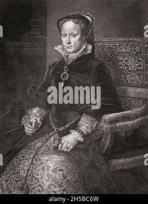 Mary I, 1516 – 1558. Queen of England and Ireland and through her marriage to Philip II of Spain, Queen Consort of Spain.  After a paining by Antonis Mor. Stock Photo