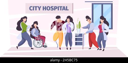 Disabled people care. Medical personal nurses and doctors helping to disabled persons in wheelchairs damages body parts garish vector background Stock Vector