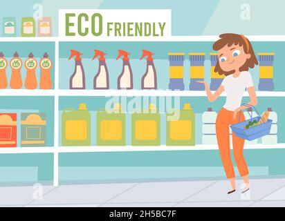 Eco friendly cleaners. Women choose cleaning products in supermarket. Non chemical organic goods on store shelves vector concept Stock Vector