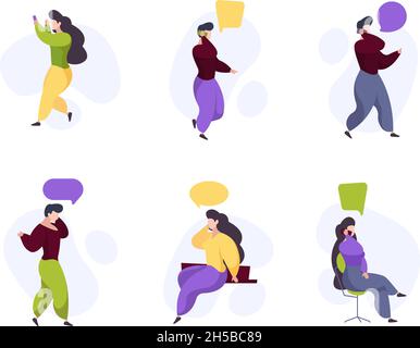 People phone talking. Characters holding smartphone and calling garish vector stylized persons Stock Vector