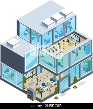 Business building isometric. Glass facade offices inside modern architecture elevators garish vector house Stock Vector