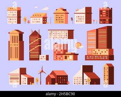 Minimal houses. Urban environment construction modern buildings simple geometrical shapes garish vector flat illustrations Stock Vector