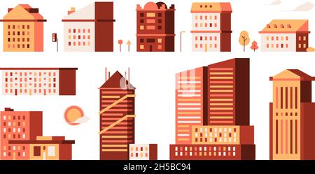 Flat houses. Simple urban buildings minimalism style garish vector illustrations town houses home constructions Stock Vector