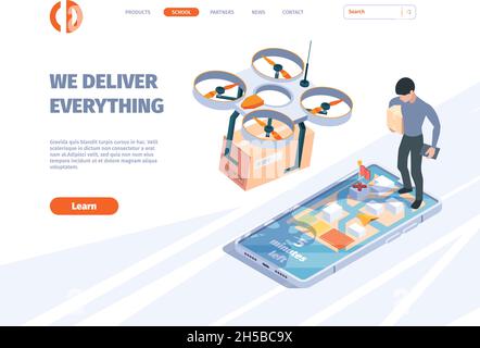 Express delivery. Postman service character on car or motorcycle with box logistic garish vector isometric template for landing page Stock Vector