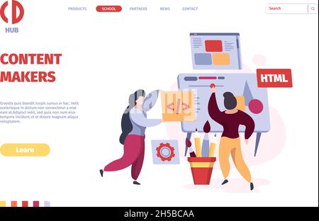 Programmers landing. Coders and web designers working freelancer persons garish vector template Stock Vector