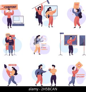 Blogger lifestyle. Video streaming broadcasting content makers creative people writers showing selfie garish vector flat characters Stock Vector