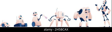 Robot evolution. Smart industry cyborg systems civil or military android from steel exact vector cartoon robot characters Stock Vector
