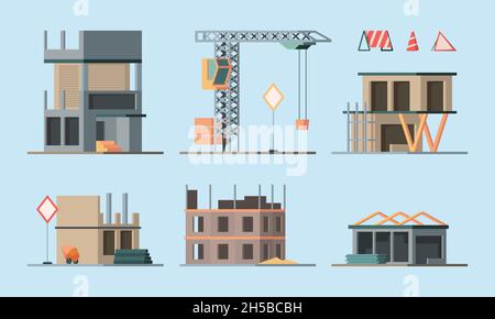 Construction stages. Building houses foundation workers making brick walls little houses and big skyscraper garish vector flat ortogonal colored Stock Vector