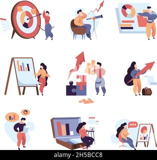 Business characters. Abstract metaphores with business persons dialogues people planning marketing goals making decision solving Stock Vector