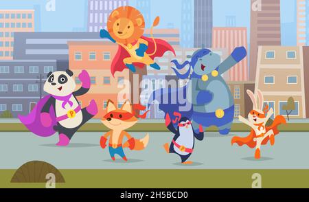 City superhero animals. Urban landscape with skylines buildings strong defenders animals exact vector superheroes cats dogs puppy in masks Stock Vector