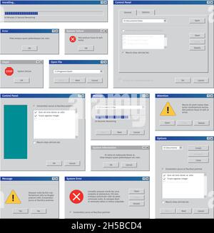 Vintage computer windows. Desktop interface retro user frames pop up boxes internet explorer blank windows garish vector templates set Stock Vector