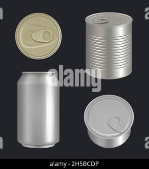 Metallic cans. Aluminium or steel beverages packages for drinks and food fish tuna decent vector realistic template Stock Vector