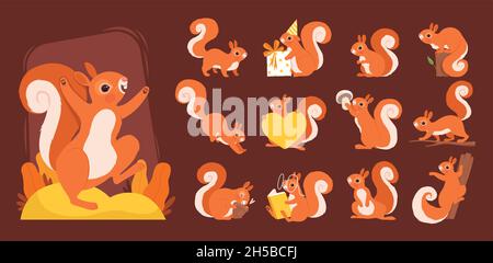 Cartoon squirrel. Wild wooden animals various poses squirrels on branch with nuts nowaday vector funny set Stock Vector