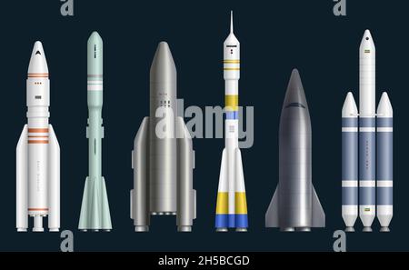 Rockets realistic. Cosmos spaceships for expedition rocket launch missles exploring universe decent vector pictures Stock Vector